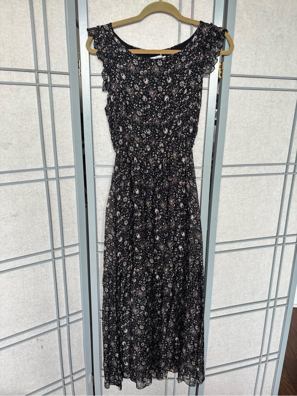 Black Floral Maxi Dress with Smocked Waist sheer with lining to upper thigh/knee